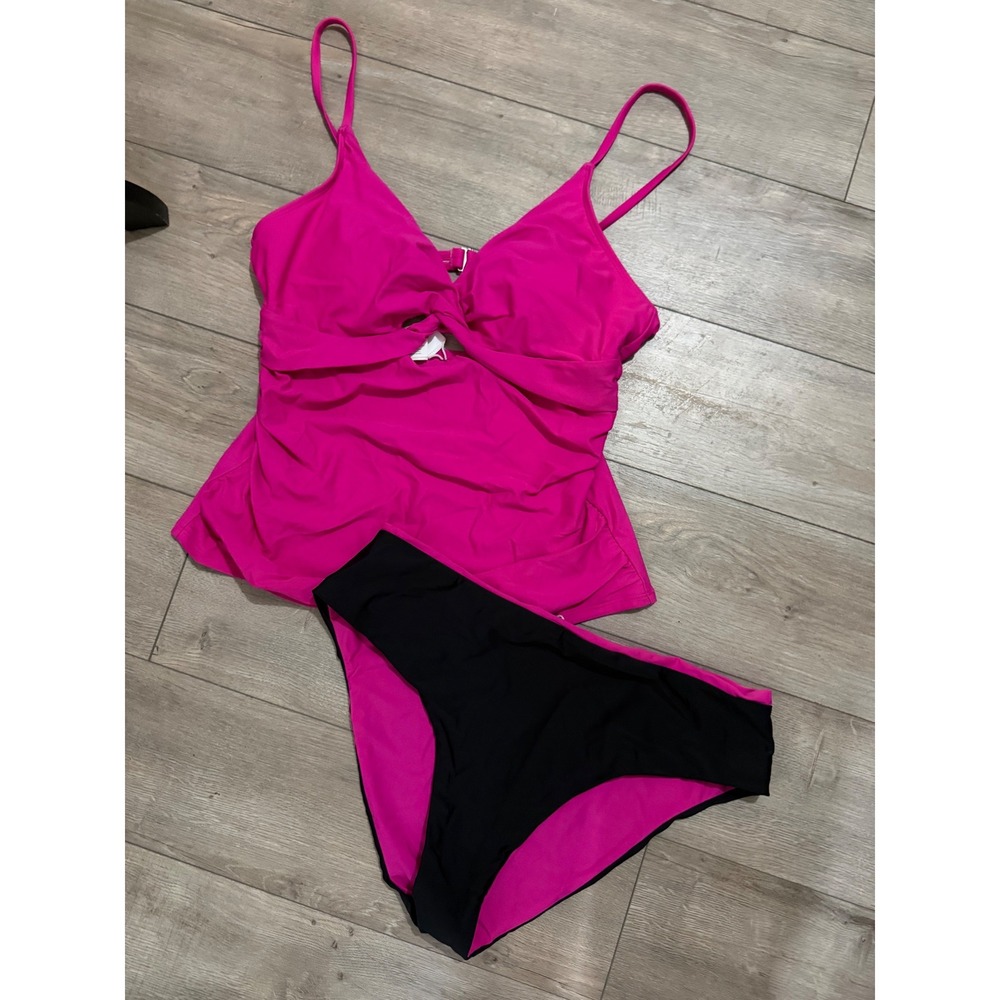 Cupshe Hot Pink Twist Front Tankini Set Black Bottoms XL DAA12D4F004DA